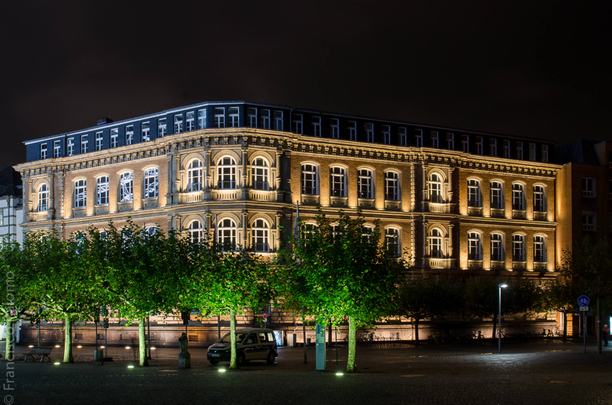 Angestrahltes historisches Gebäude hinter einer Baumreihe bei Nacht